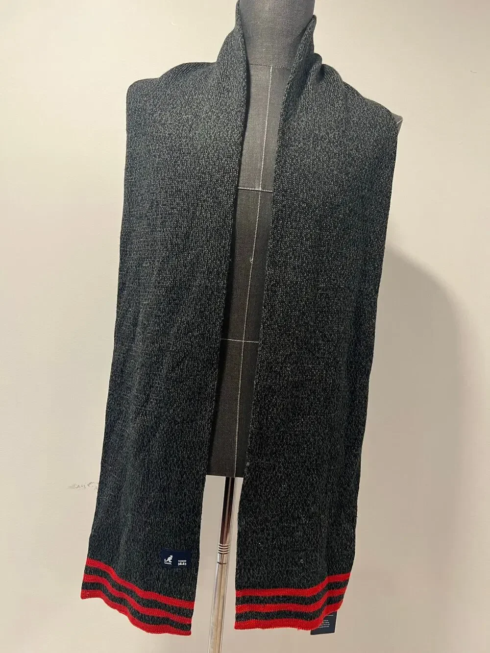 NEW Kangol Winter Scarf Wool Blend Gray w Red Stripes Thick Knit 74